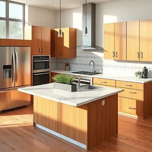 Modern renovated Arlington Texas kitchen with stainless steel appliances, granite island, warm wood cabinets, natural light, greenery, and hardwood flooring