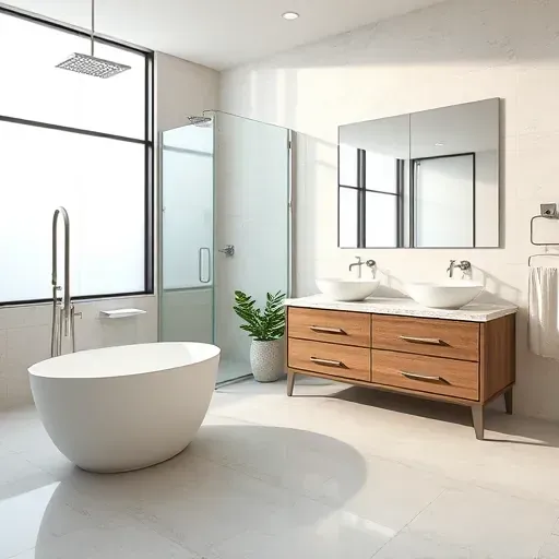 Beautiful renovated Arlington TX bathroom with modern fixtures, glass shower, freestanding tub, dual vanity, natural light