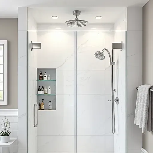Modern bathroom shower with glass doors, chrome fixtures, white marble tiles, built-in shelves, rainfall showerhead, and natural light