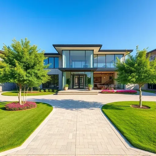 Completed modern residential home in Central Arlington TX with large glass windows and manicured lawns.