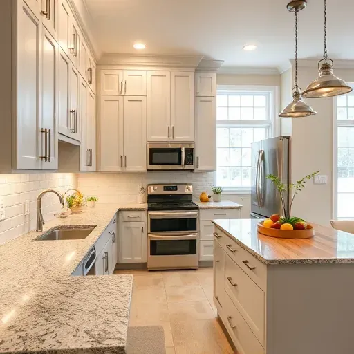 Modern renovated Arlington kitchen with matte gray cabinets brushed nickel handles granite countertops and stainless steel appliances