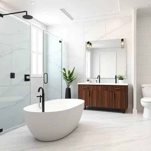 Modern remodeled bathroom in Grand Prairie TX featuring a walk-in shower with frameless glass doors, white marble tiles, a freestanding soaking tub, dark walnut vanity with quartz countertop, large mirror, and contemporary lighting.