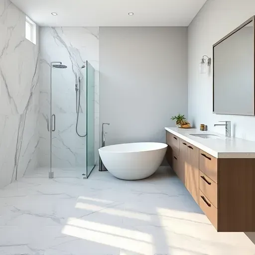 Renovated bathroom in Arlington TX featuring modern design, freestanding tub, spacious shower, and polished marble tiles.