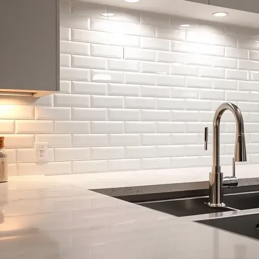 Close-up of a sleek white subway tile backsplash in a modern Arlington Texas kitchen with polished tiles, neutral countertops, and stainless steel fixtures