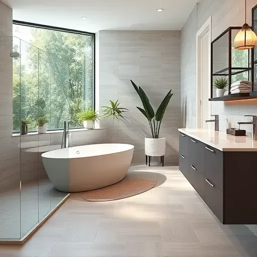 Renovated South Grand Prairie Texas bathroom with a glass shower, soaking tub, marble vanity, neutral tiles, and natural light