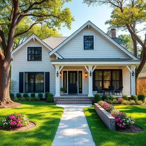 Beautiful renovated Arlington TX home with neutral siding black window frames landscaped yard modern porch and lush trees