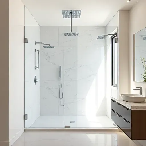 Completed modern walk-in shower with marble tiles, frameless glass, chrome fixtures, black accents, and bright natural light in a luxury Arlington bathroom