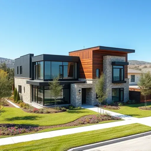 Modern residential building in South Arlington TX with unique design, lush landscaping, clear blue sky, and inviting atmosphere.