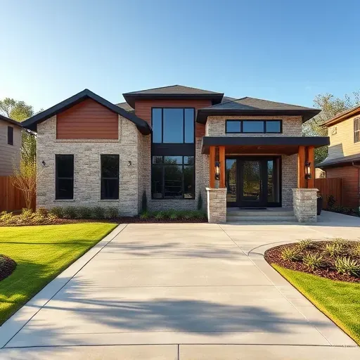 Elegant modern home in South Mansfield TX with stone and wood exterior, landscaped gardens, and inviting front porch.