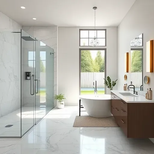 Beautiful modern Mansfield TX bathroom with walk-in glass shower, marble tiles, freestanding tub, double vanity, and elegant decor