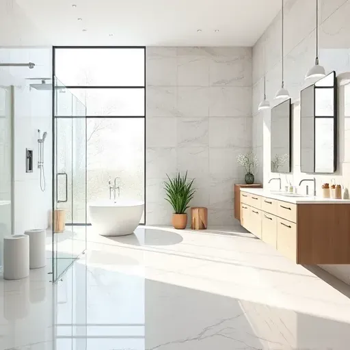 Remodeled North Midlothian TX bathroom with marble floors, frameless glass shower, freestanding tub, sleek vanity, and natural light