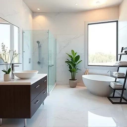 Beautiful renovated bathroom in Wildcat Ranch TX with modern fixtures, marble tiles, walk-in shower, bathtub, and elegant decor