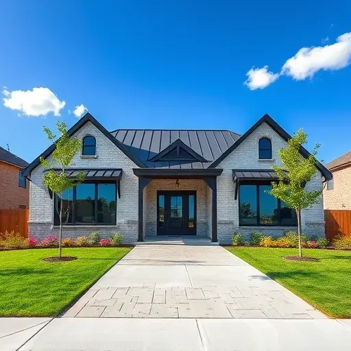 Modern single-family home in West Grand Prairie TX with light grey brick, dark metal roofing, landscaped garden, and elegant entrance.