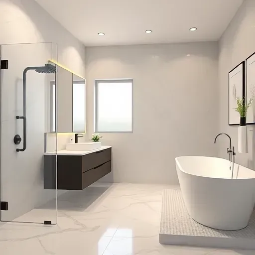 Renovated East Grand Prairie bathroom with walk-in shower, black fixtures, marble tiles, floating vanity, freestanding tub, and natural light