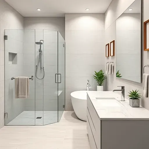 Newly renovated Arlington TX bathroom with modern fixtures, walk-in shower, freestanding tub, and elegant tilework.