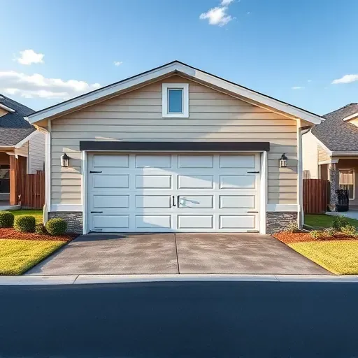 Newly built modern garage in Arlington TX with sleek design, durable materials, landscaped driveway, and clear suburban background
