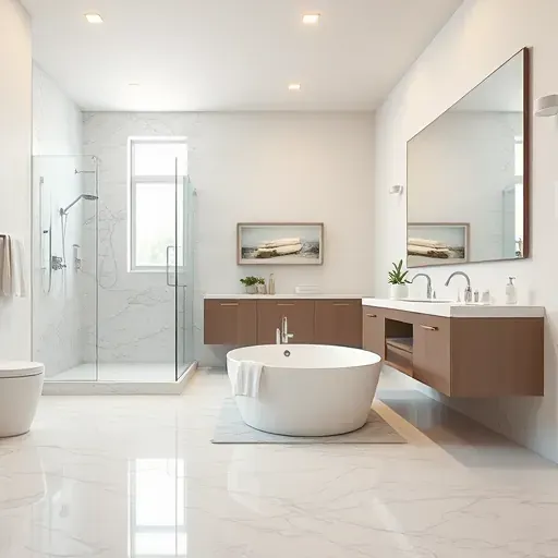 Modern Arlington TX bathroom remodel with frameless glass shower, soaking tub, polished marble surfaces, and elegant finishes.
