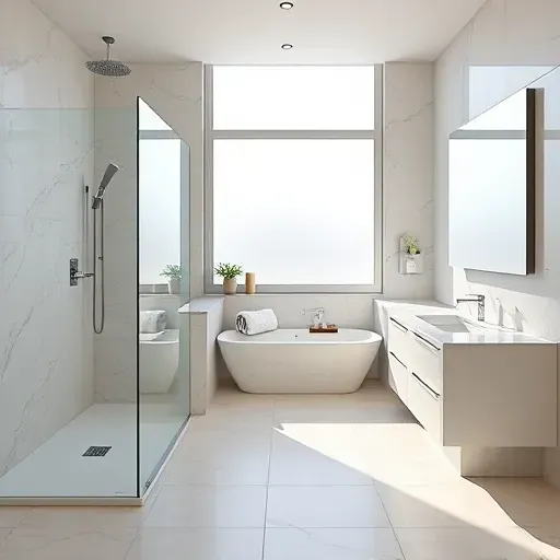 Freshly renovated Arlington TX bathroom with modern design, walk-in shower, freestanding tub, and sleek finishes.