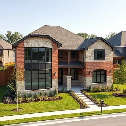 Completed contemporary home in Mansfield TX with large windows, stylish facade, lush landscaping, and serene neighborhood.