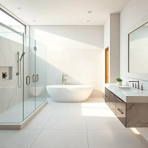 Renovated East Euless TX bathroom with a glass shower, soaking tub, marble vanity, and modern decor