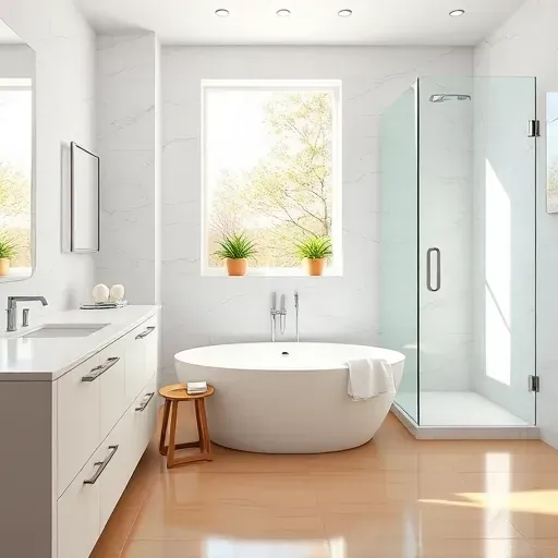 Remodeled Arlington TX bathroom with white marble countertops, glass shower, freestanding tub, neutral tiles, and elegant decor