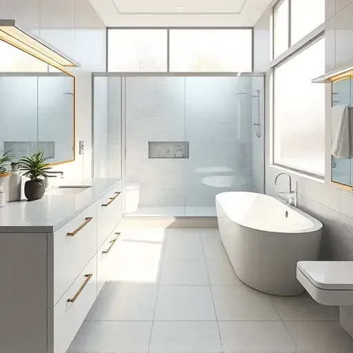 Remodeled Midlothian TX bathroom with marble countertops, glass shower, soaking tub, modern cabinetry, and natural light