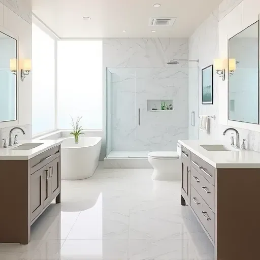 Freshly remodeled Arlington bathroom with modern fixtures, marble countertops, walk-in shower, and luxurious bathtub.