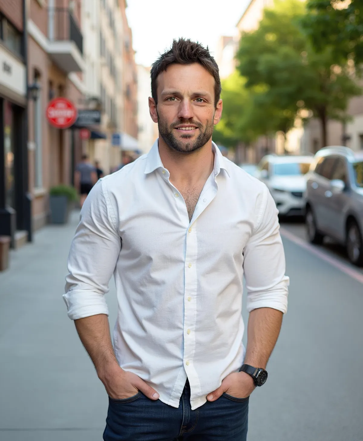 Tom Eastham standing confidently on a city street wearing a white shirt and jeans, representing health, confidence, and professional fitness coaching for busy adults.
