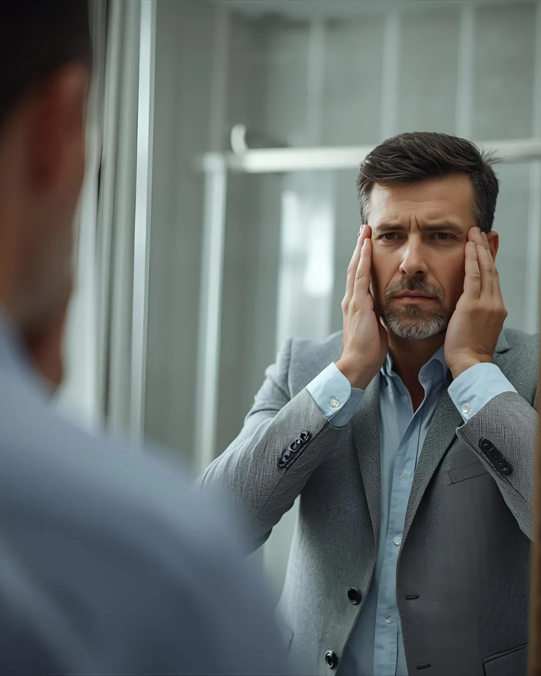 Middle-aged man in a suit looking at his reflection in the mirror with a thoughtful expression, symbolizing stress, fatigue, and the need to regain health and balance.