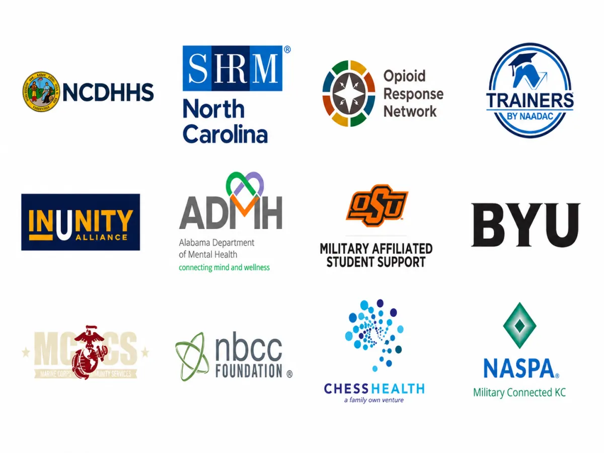 Trusted professional audiences and client organizations for Garret Biss including NCDHHS, SHRM North Carolina, Opioid Response Network, NAADAC Trainers, ADMH, OSU, BYU, NBCC Foundation, CHESS Health, and NASPA