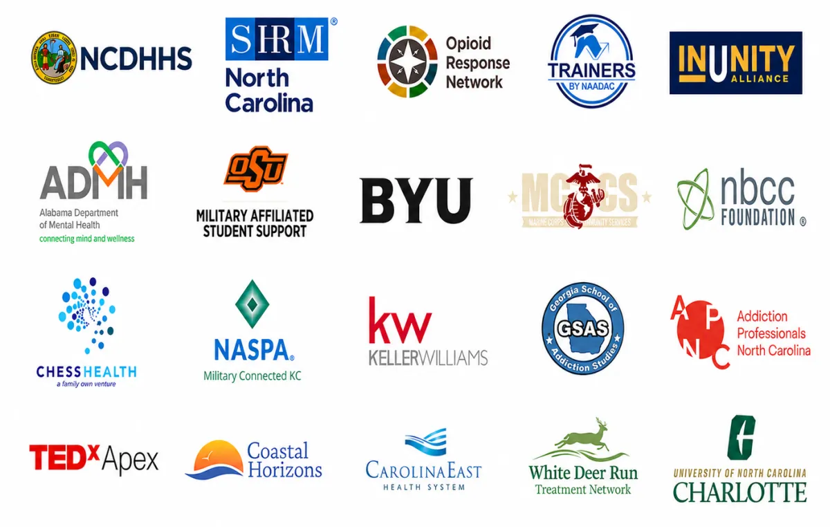 Logo collage of organizations and institutions Garret Biss has spoken for or worked with, representing recent audiences, clients, and professional partners across higher education, behavioral health, recovery, and veteran-serving spaces.