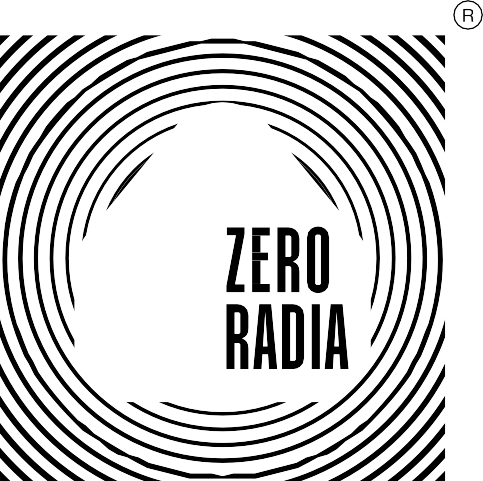 Large black circular logo with concentric rings and 'ZERO RADIA' text