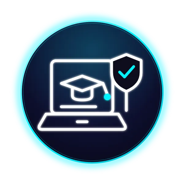 A blue circle icon that shows a laptop with a graduation cap and a verified checkmark