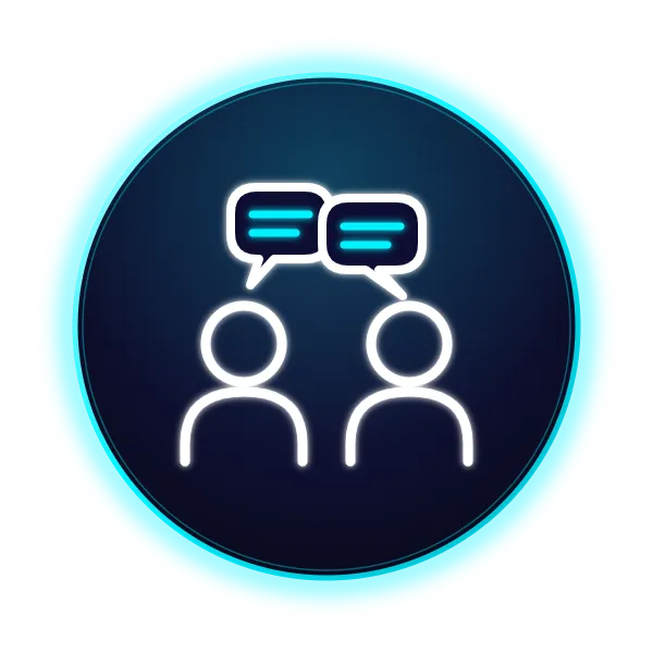 A blue circle icon that shows two people chatting to each other