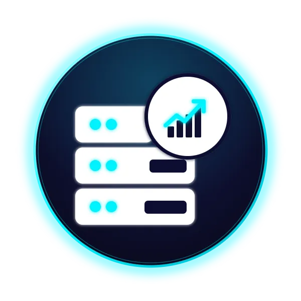 A blue circle icon that shows a server stack with an upwards chart