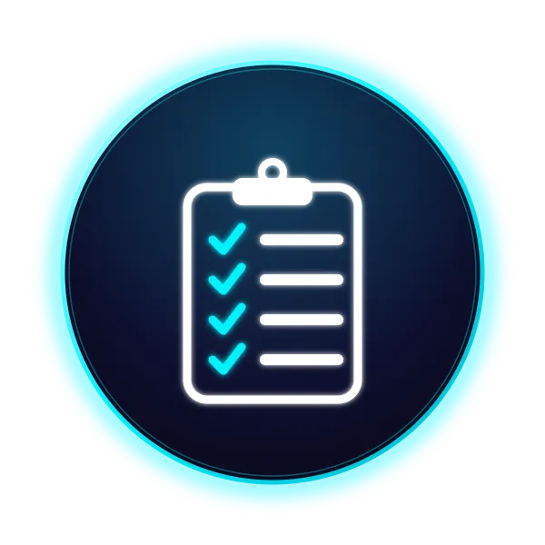 A blue circle icon that shows a checklist on a clipboard