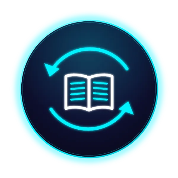 A blue circle icon that shows a book with arrows pointing around it