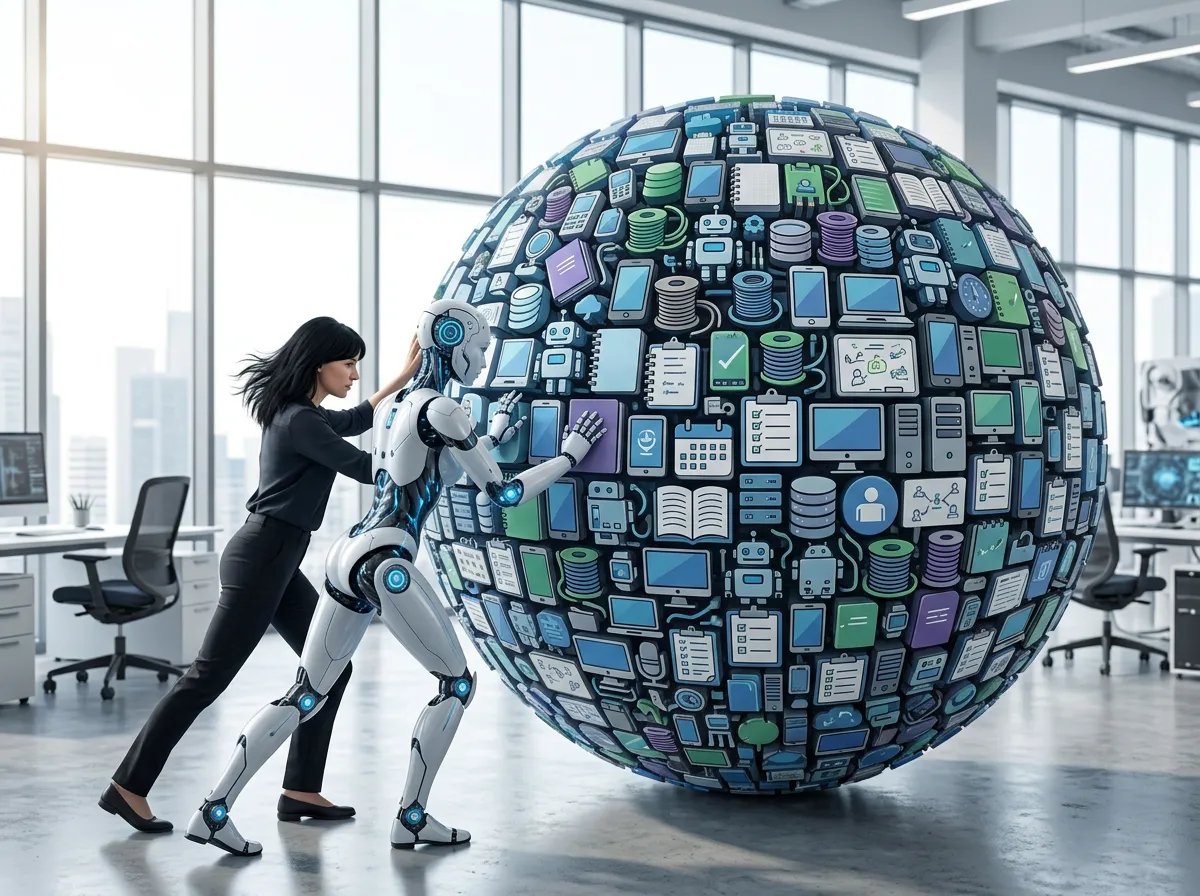 A businesswoman and an AI robot teaming up to push a giant ball of business tools across a bright office