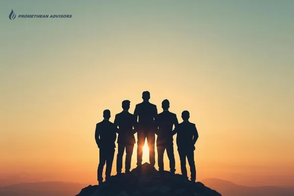Team Silhouette on Mountain Peak at Sunset
