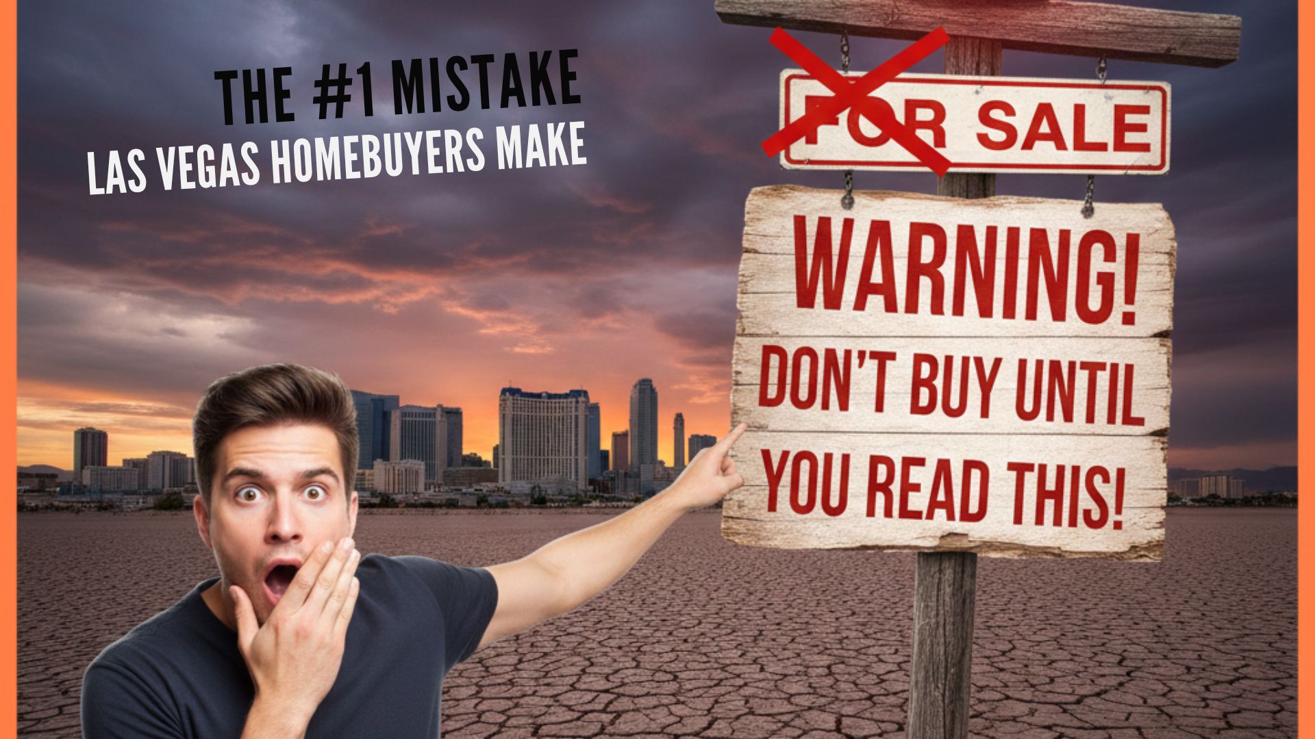 Shocked homebuyer pointing at warning sign that says “Don’t Buy Until You Read This” with Las Vegas skyline at sunset and crossed-out For Sale sign.