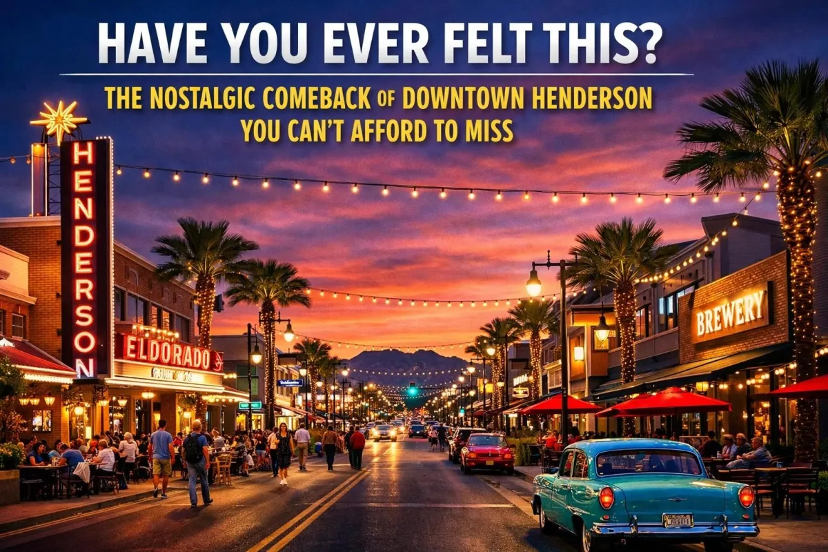 Downtown Henderson Water Street District at sunset with lit storefronts, palm trees, and outdoor dining in Henderson, Nevada