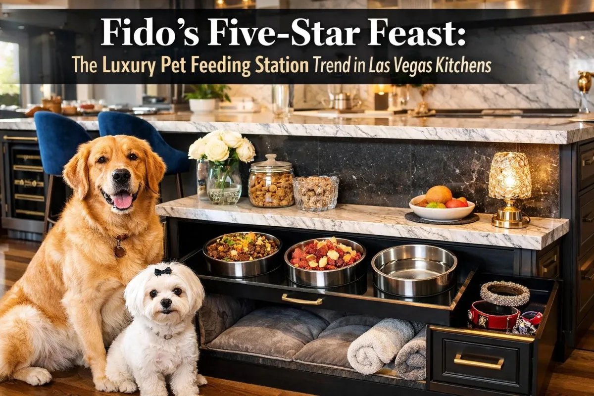 Luxury pet feeding station in a Las Vegas kitchen with built-in bowls, storage, and two dogs beside a marble island