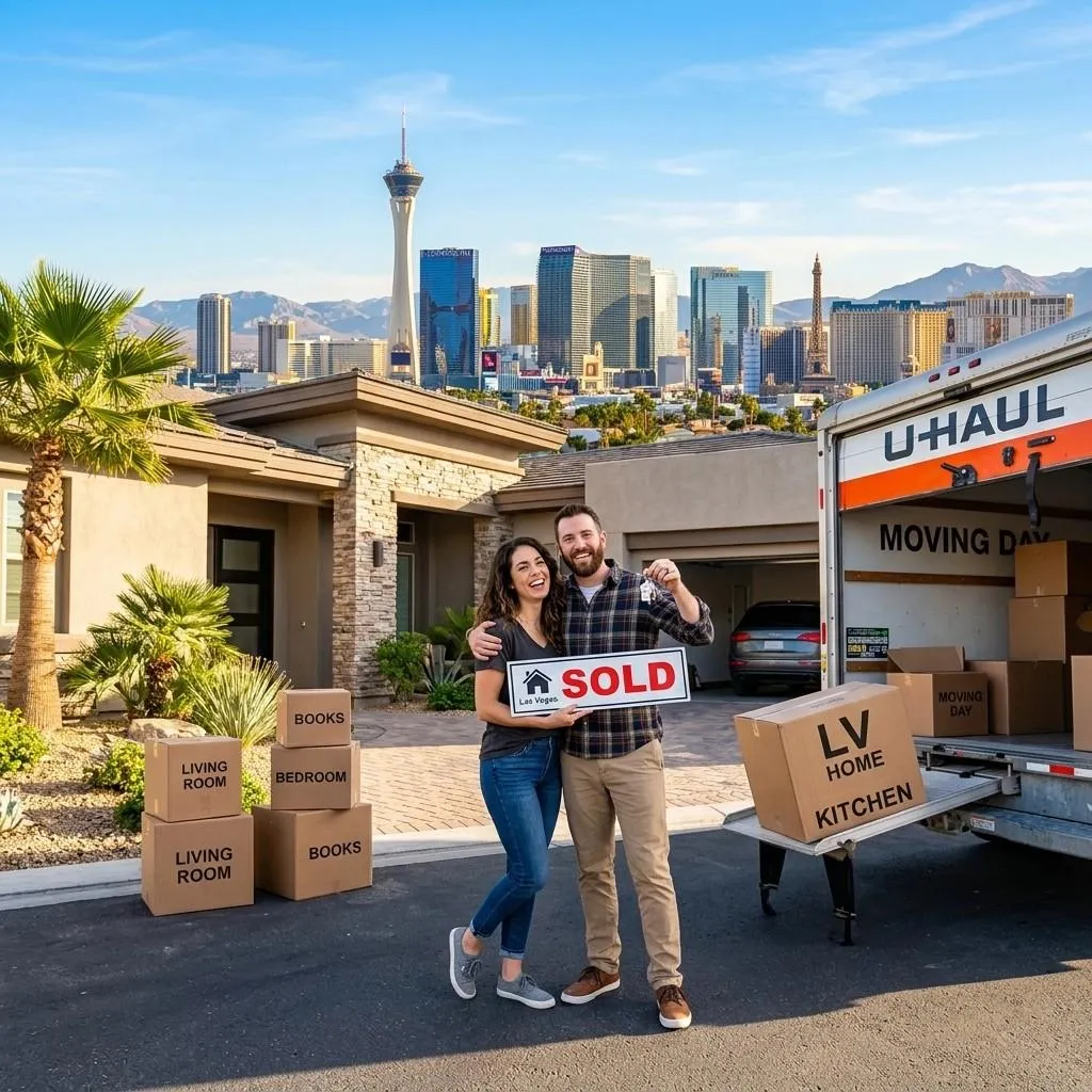 Happy Las Vegas home buyers standing in front of a modern home holding a sold sign with moving truck and Las Vegas Strip skyline in the background.