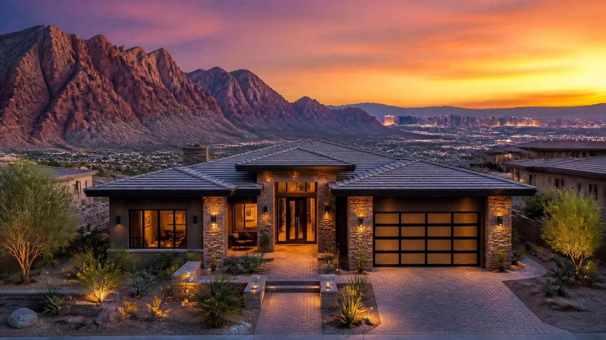 Luxury modern Las Vegas home at sunset with stunning Red Rock Canyon mountain views, desert landscaping, illuminated exterior lighting, and panoramic views of the Las Vegas Strip skyline in the distance.