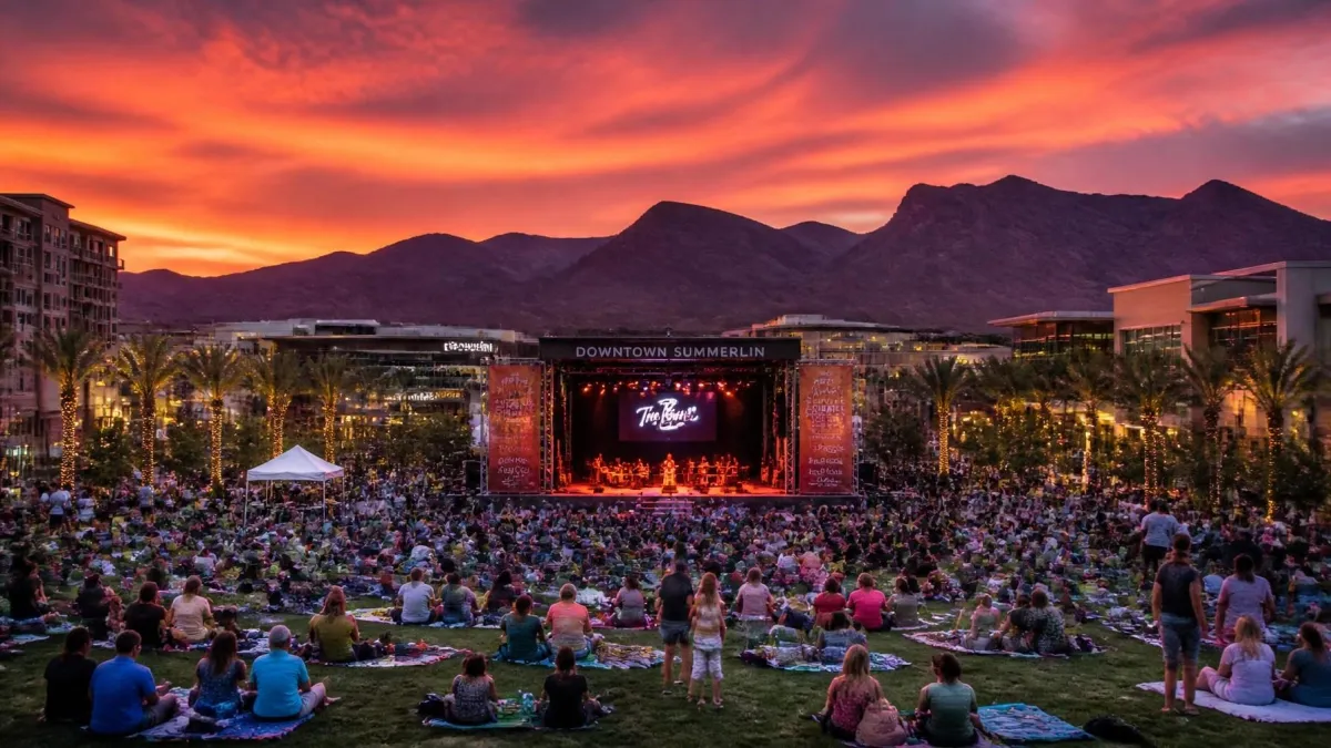 Outdoor summer concert at Downtown Summerlin with large crowd seated on lawn, stage performance, palm trees, and red sunset over Las Vegas mountains