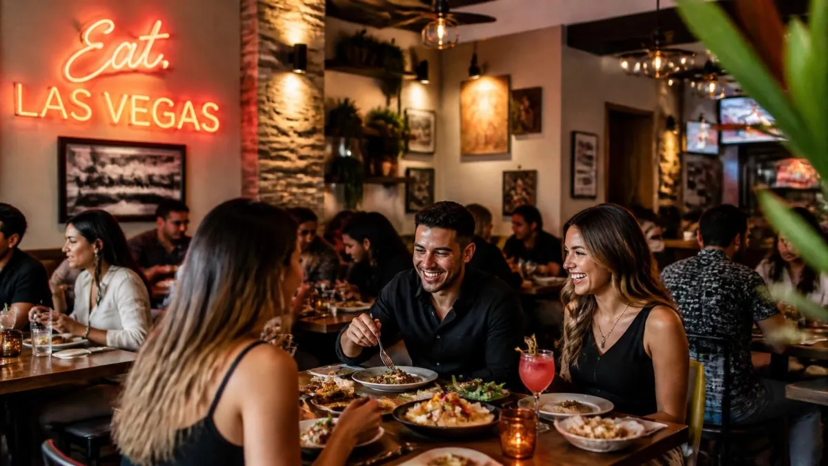 Friends dining at a lively neighborhood restaurant in Las Vegas, representing hidden-gem off-Strip dining.
