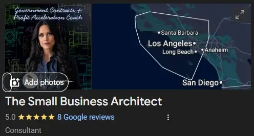 Nikki Gianni, Government Contracts and Profit Acceleration Coach, with a map highlighting Los Angeles and surrounding areas, promoting small business consulting services and resources.