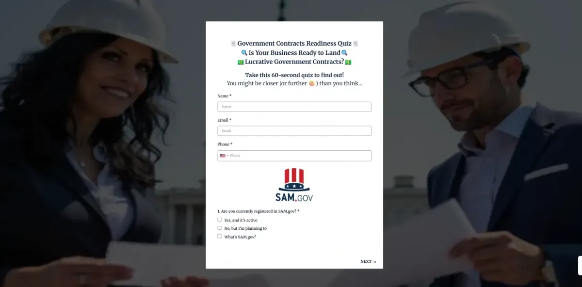 Government Contracts Readiness Quiz interface featuring a woman in a hard hat and a man in glasses, both engaging with a form, emphasizing readiness for government contracts.