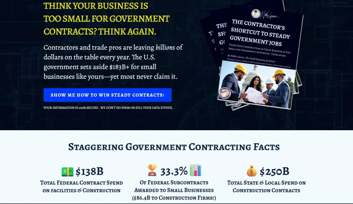 Image featuring Nikki Gianni's book "The Contractor's Shortcut to Steady Government Jobs" with a group of professionals discussing plans, emphasizing government contracting opportunities for small businesses.