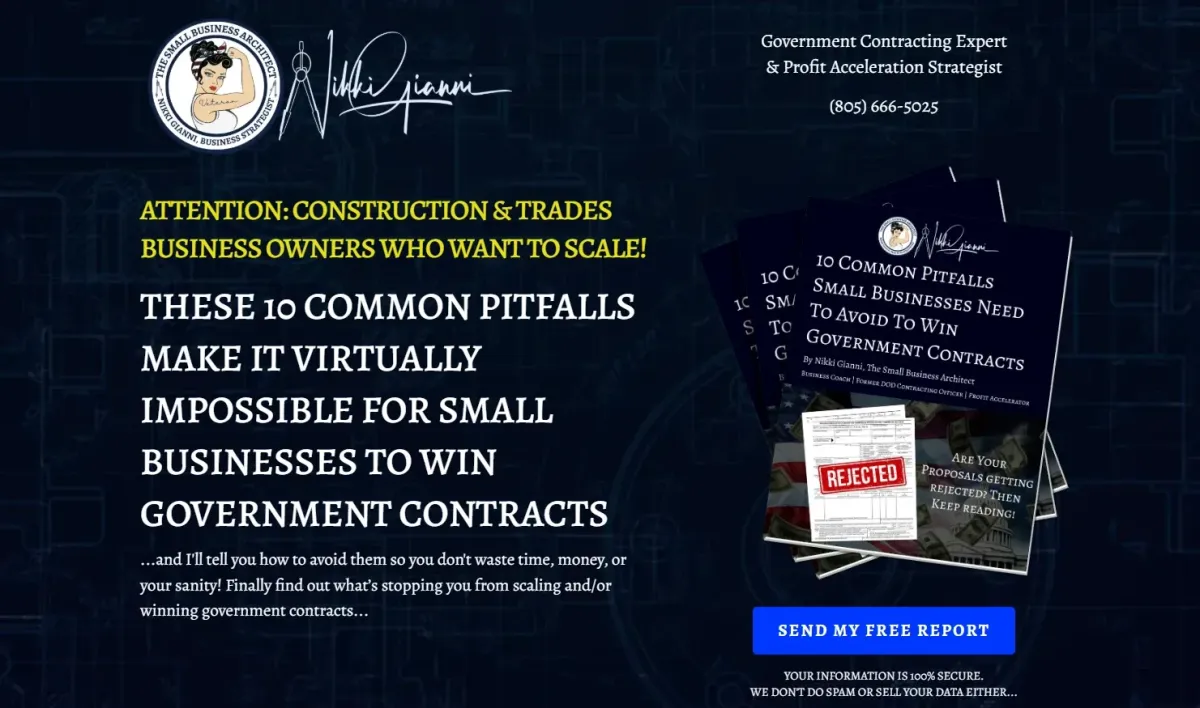 Attention-grabbing graphic targeting construction and trades business owners, featuring the title "10 Common Pitfalls Small Businesses Need To Avoid To Win Government Contracts" by Nikki Gianni, alongside images of reports and a "REJECTED" stamp, emphasizing government contracting challenges and solutions.